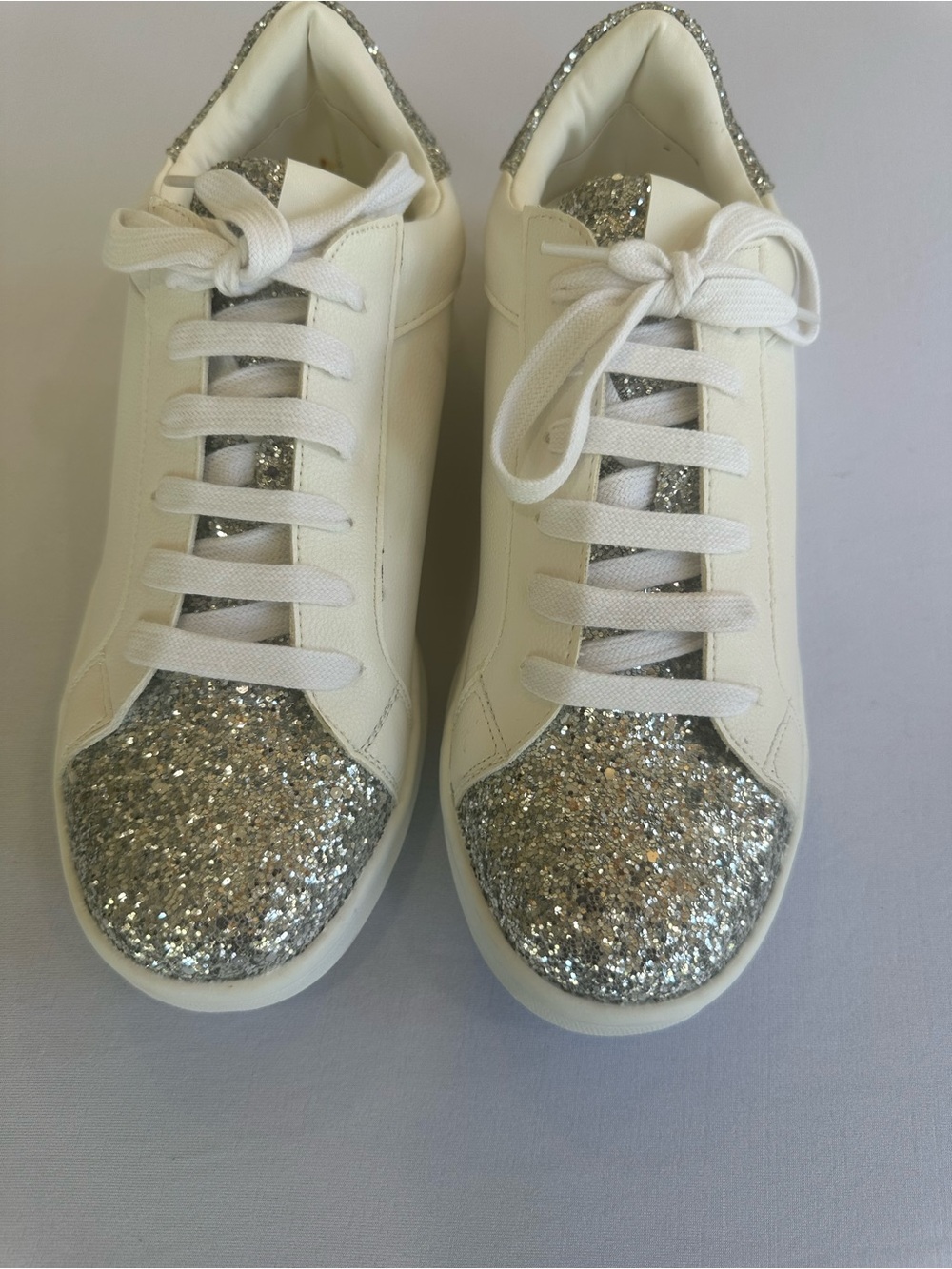 New Rampage White lace Up Sneakers with Silver Glitter Toe and Heel Size 9m